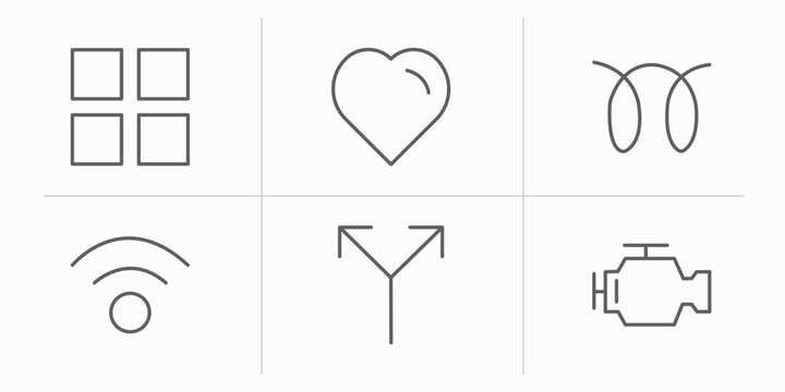 shapes outline icons set. thin line icons such as four squares, black heart, glowplug, wireless, y shaped intersection, malfunction indicador vector.