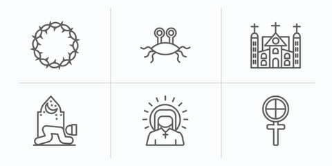 religion outline icons set. thin line icons such as crown of thorns, pastafarianism, monastery, prayer, jesus, gticism vector.