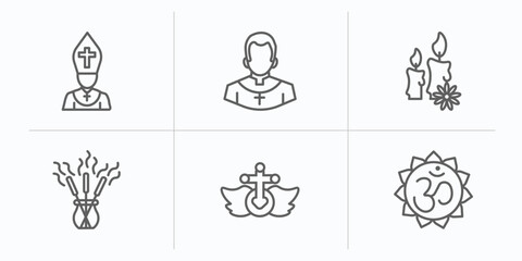 religion outline icons set. thin line icons such as pope, priest, candles, incense, heresy, om vector.