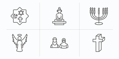 religion outline icons set. thin line icons such as monotheism, great buddha, menorah, angel, muslim, cross vector.