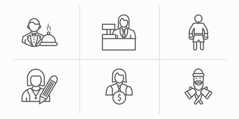 Fototapeta premium professions outline icons set. thin line icons such as waiter, clerk, boxer, writer, financial manager, lumberjack vector.