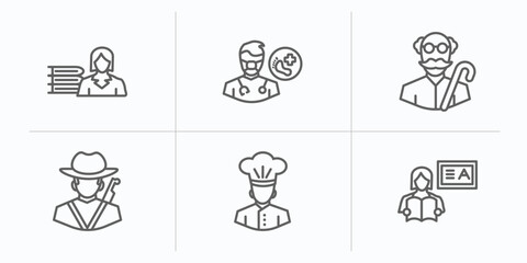 professions outline icons set. thin line icons such as librarian, podiatrist, pensioner, hunter, chef, teacher vector.