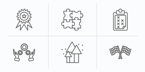 productivity outline icons set. thin line icons such as premium, puzzle piece, task page with marks, practice, trendy, racing flag vector.