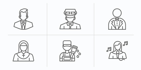 professions outline icons set. thin line icons such as businessman, taxi driver, butler, nun, painter, singer vector.