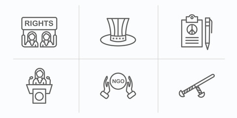political outline icons set. thin line icons such as women rights, uncle sam hat, peace treaty, politicians, ngo, nightstick vector.