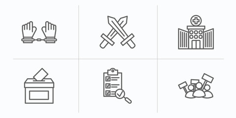 political outline icons set. thin line icons such as slavery, war, health clinic, voting, checking, protest vector.
