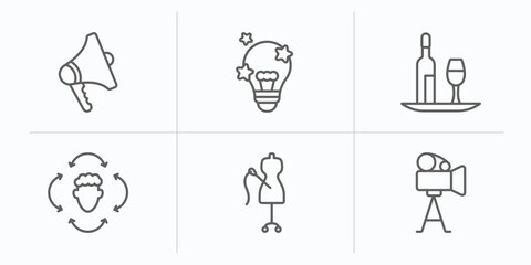 people skills outline icons set. thin line icons such as announcer, creativity, bartender, sensitivity, seamstrees, filmmaker vector.