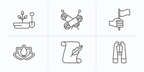 people skills outline icons set. thin line icons such as gardener, knitting, leadership, wellness, calligraphist, big binoculars vector.