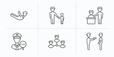 people outline icons set. thin line icons such as locust, father and son, boss and worker, traffic police, businessmen hierarchy, police arresting man vector.