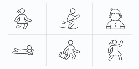 people outline icons set. thin line icons such as girl walking, man skiing, boy kid avatar, lying person reading, worker running, dancing girl vector.