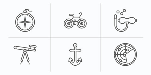 people skills outline icons set. thin line icons such as big compass, cyclist, diver, antique telescope, sailboat anchor, radar detection vector.