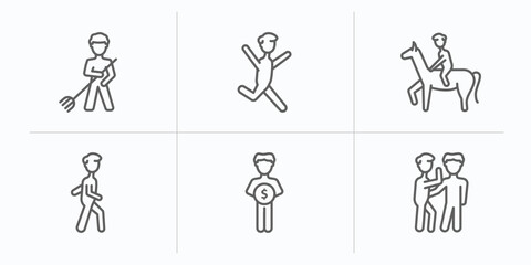 people outline icons set. thin line icons such as landkeeper, happy man jumping, man riding a horse, person walking, man saving money, gossip vector.