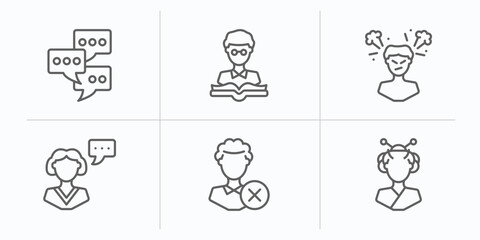 people outline icons set. thin line icons such as chat group, teacher reading, man angry, monologue, bad employee, japanese geisha vector.