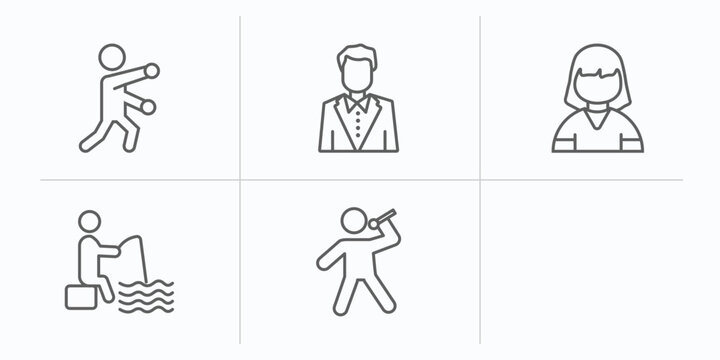 people outline icons set. thin line icons such as man boxing, elegant man, girl kid avatar, sitting man fishing, couple kissing, singing vector.