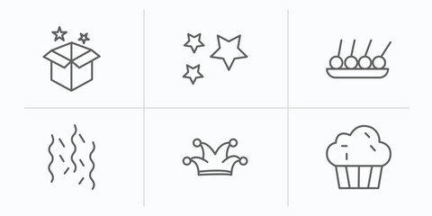 party outline icons set. thin line icons such as magician case, sprinkle stars, skewer, celebration, clown head, sweet cake vector.