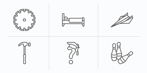 other outline icons set. thin line icons such as saw blade, sleeping bed, paper airplane, work hammer, graduation's questions, skittles vector.