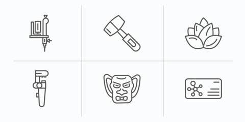 other outline icons set. thin line icons such as tattoo hine, mallet, loto, pipe wrench, japanese demon, chemistry business card vector.