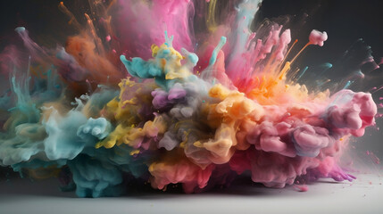 Fototapeta na wymiar Explosion of pastel paints. Fusion of pastel colors in paint and smoke. Creative, original, dynamic and colorful resources. Image generated by AI. 
