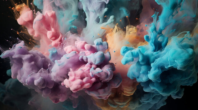Explosion of pastel paints. Fusion of pastel colors in paint and smoke. Creative, original, dynamic and colorful resources. Image generated by AI.
