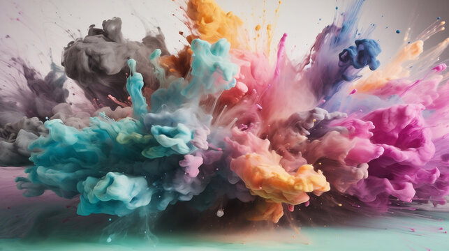 Explosion of pastel paints. Fusion of pastel colors in paint and smoke. Creative, original, dynamic and colorful resources. Image generated by AI.
