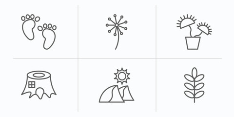 nature outline icons set. thin line icons such as four toe footprint, pollen, carnivorous plant, stump house, dune, acacia vector.