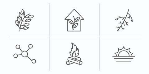 nature outline icons set. thin line icons such as bilberry leaf, indoor, larch leaf, element, camping bonfire, landscape inside frame vector.