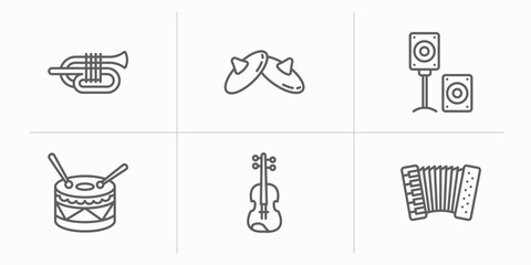 Obraz premium music outline icons set. thin line icons such as cornet, cymbals, sound system, percussion, viola, accordion vector.