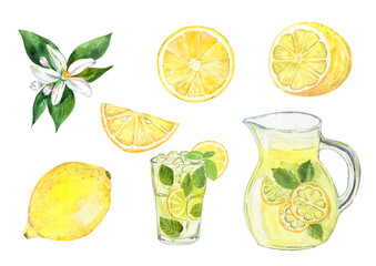 Watercolor lemons and lemonade set isolated on white - obrazy, fototapety, plakaty