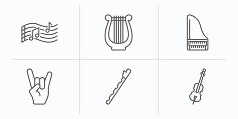 music outline icons set. thin line icons such as melody, harp, harpsichord, heavy metal, pennywhistle, violoncello vector.