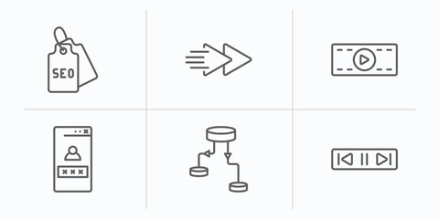 multimedia outline icons set. thin line icons such as seo tag, fast, movie clip button, web log in, data flow chart, music controller vector.