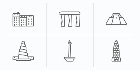 monuments outline icons set. thin line icons such as denmark, bay, pyramid of the magician, great mosque of samarra, national monument monas, amritsar vector.