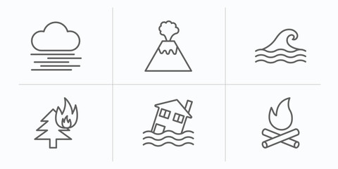 meteorology outline icons set. thin line icons such as fog, erupting volcano, tsunami wave, burning tree, flooding house, woods on fire vector.