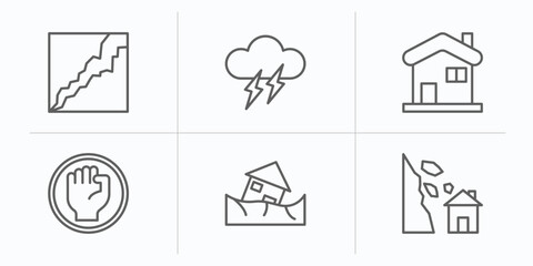 meteorology outline icons set. thin line icons such as cracked ground, thunder cloud, snowy house, revolution, landslide and house, avalanche and house vector.