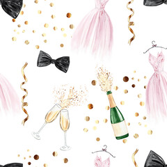 Watercolor wedding seamless pattern on white