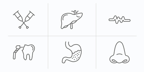 medical outline icons set. thin line icons such as crutch, liver, lifeline, dental drill, stoh, e vector.