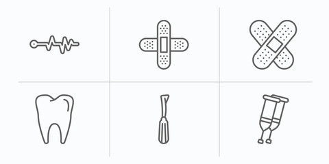 medical outline icons set. thin line icons such as pulse line, plastering, sticking plaster, molar tooth, dentist tool, crutches couple vector.