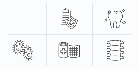 medical outline icons set. thin line icons such as breast implant, medical insurance, molar, bacteria, bandage, spinal column vector.