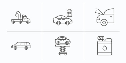 mechanicons outline icons set. thin line icons such as car crane, car repair check, car with heat problems, limousine side view, lifter, water tank for vehicles vector.