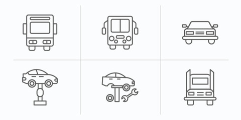 mechanicons outline icons set. thin line icons such as public bus, bus front, rectangular car front, garage elevator, car tire change, big truck vector.