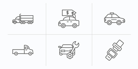 mechanicons outline icons set. thin line icons such as transportation truck, car for sale, taxi facing left, pick up truck, car repairing, car seat belt vector.