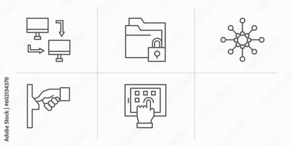 Poster internet security outline icons set. thin line icons such as local network, insecure, data locked, h