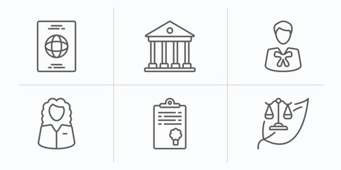 law and justice outline icons set. thin line icons such as immigration, court, advocate, counsel, policy, environmental law vector.