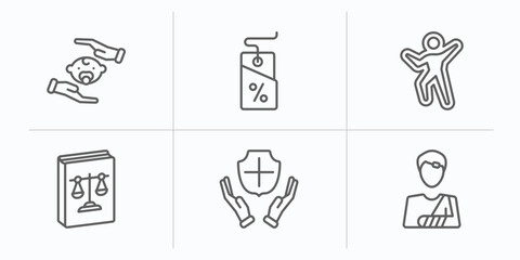 law and justice outline icons set. thin line icons such as child custody, bargain, crime scene, labour and social law, qualified protection, accident and injuries vector.