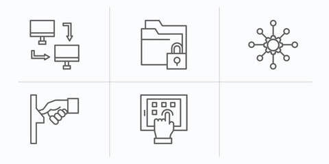 internet security outline icons set. thin line icons such as local network, insecure, data locked, https, fingerprint scan, interactive vector.