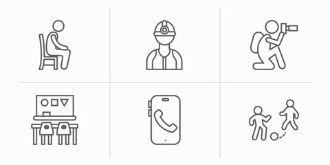 humans outline icons set. thin line icons such as sitting down, construction worker, nature photographer, classroom, smartphone call, playing with a ball vector.