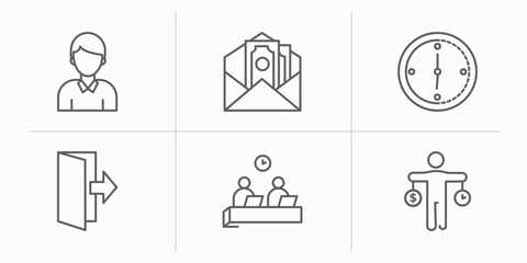 human resources outline icons set. thin line icons such as man, salary, time, quit, working, time balance vector.