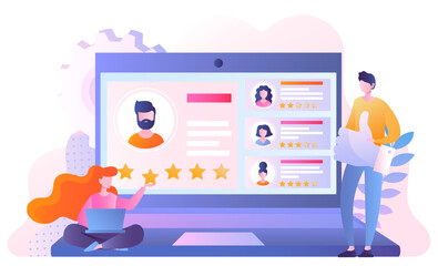 Personnel assessment concept. Man and woman put likes and five stars on profiles of other people on website. Ranking and rating of freelancers, user opinion. Cartoon flat vector illustration
