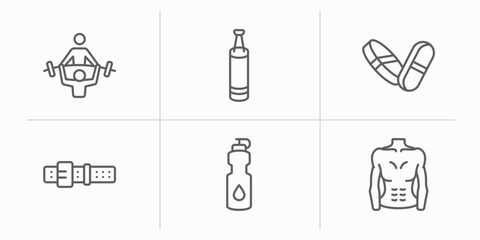 gym and fitness outline icons set. thin line icons such as trainers, boxing bag, pill and tablet, athletic strap, isotonic, fitness body vector.