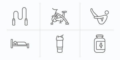 gym and fitness outline icons set. thin line icons such as skip rope, riding bicycle, abdominal exercises, sleep, protein shake, protein vector.