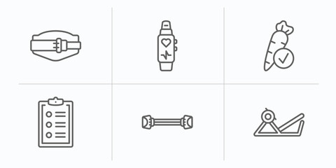 gym and fitness outline icons set. thin line icons such as lumbar belt, fitness tracker, good diet, to do list, chest expanders, press simulator vector.